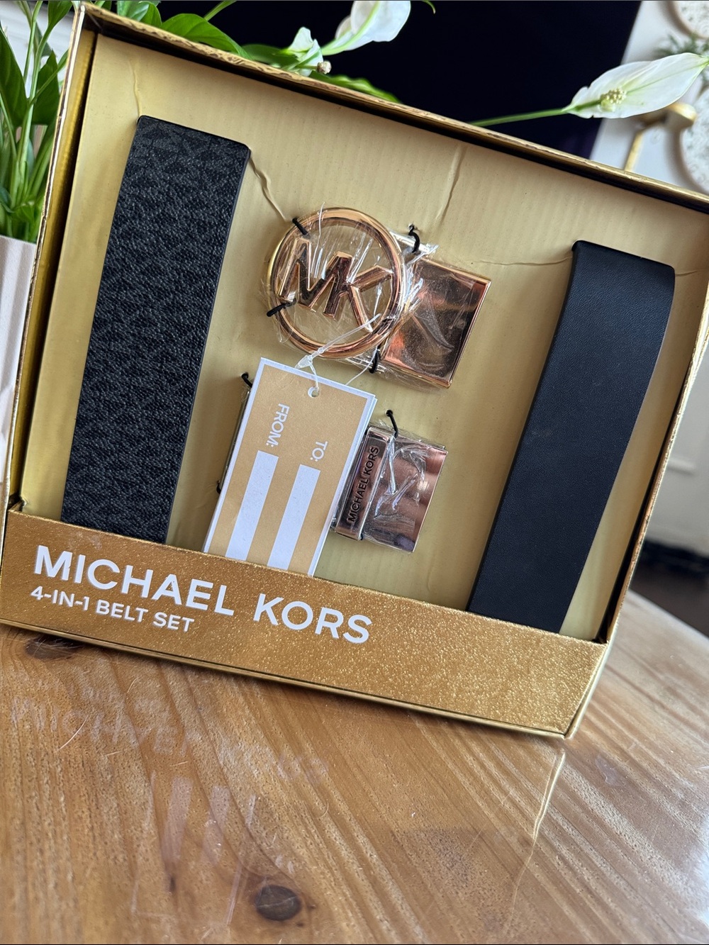 Michael Kors 4-in-1 Men’s Belt Set - Black Straps with Rose Gold Hardware